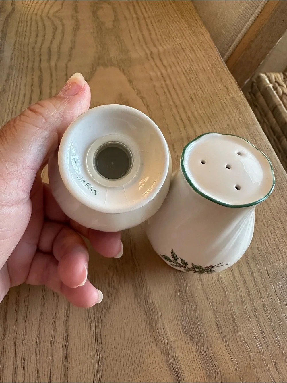 Nikko Ceramics White Ceramic Holly Salt and Pepper Shakers with Green Trim
